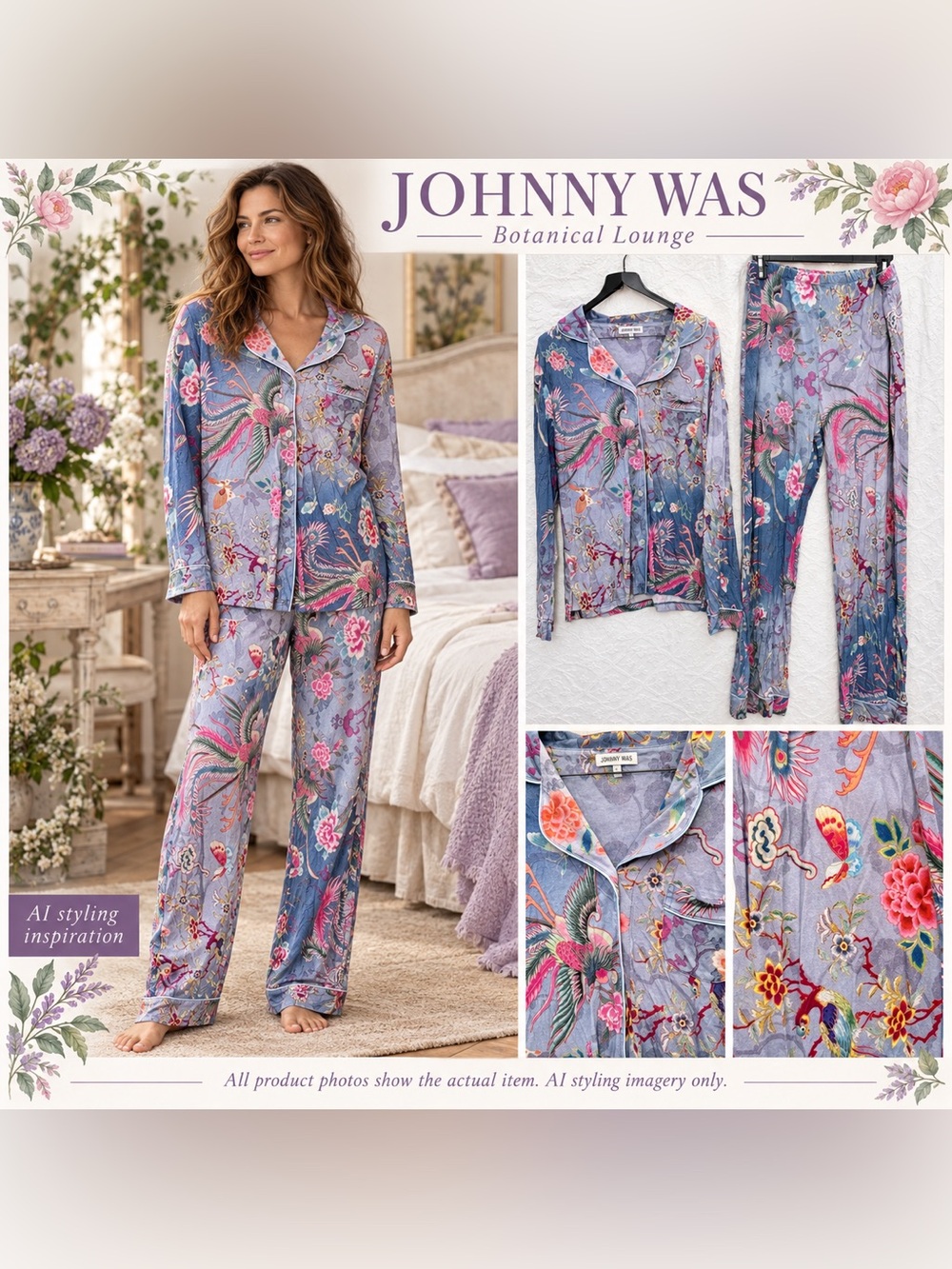 Johnny Was Pajama Set Blue Lavender Bird Floral Pima Cotton Modal Boho Botanical